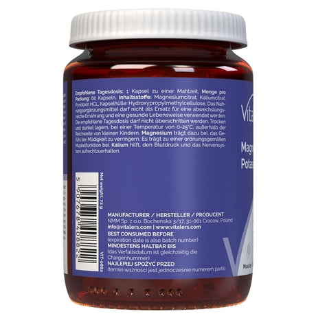 Vitaler's Magnesio 100 mg + Potasio 150 mg + Vitamina B6 6 mg - 60 cápsulas